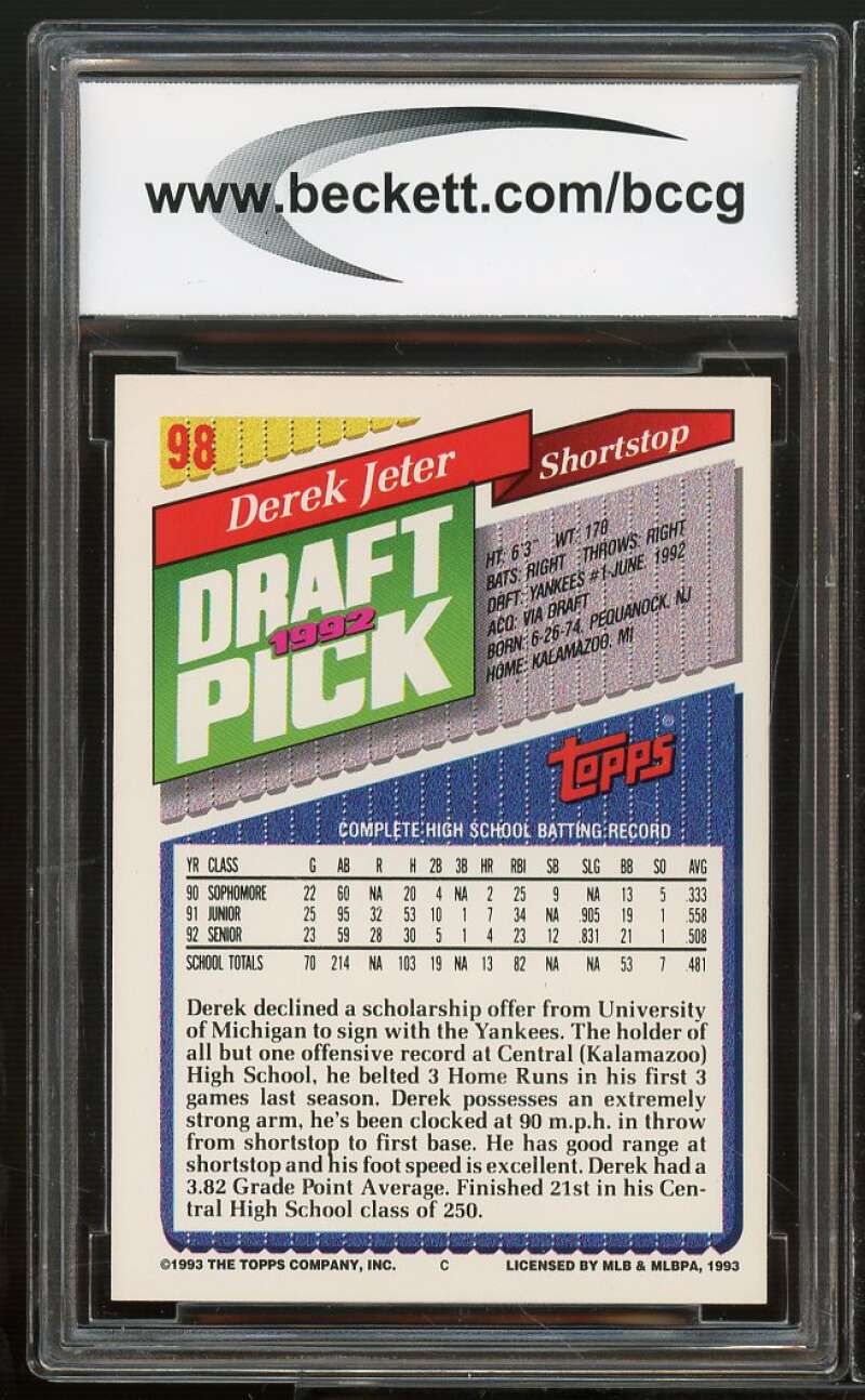1993 Topps #98 Derek Jeter Rookie Card BGS BCCG 10 Mint+ Image 2