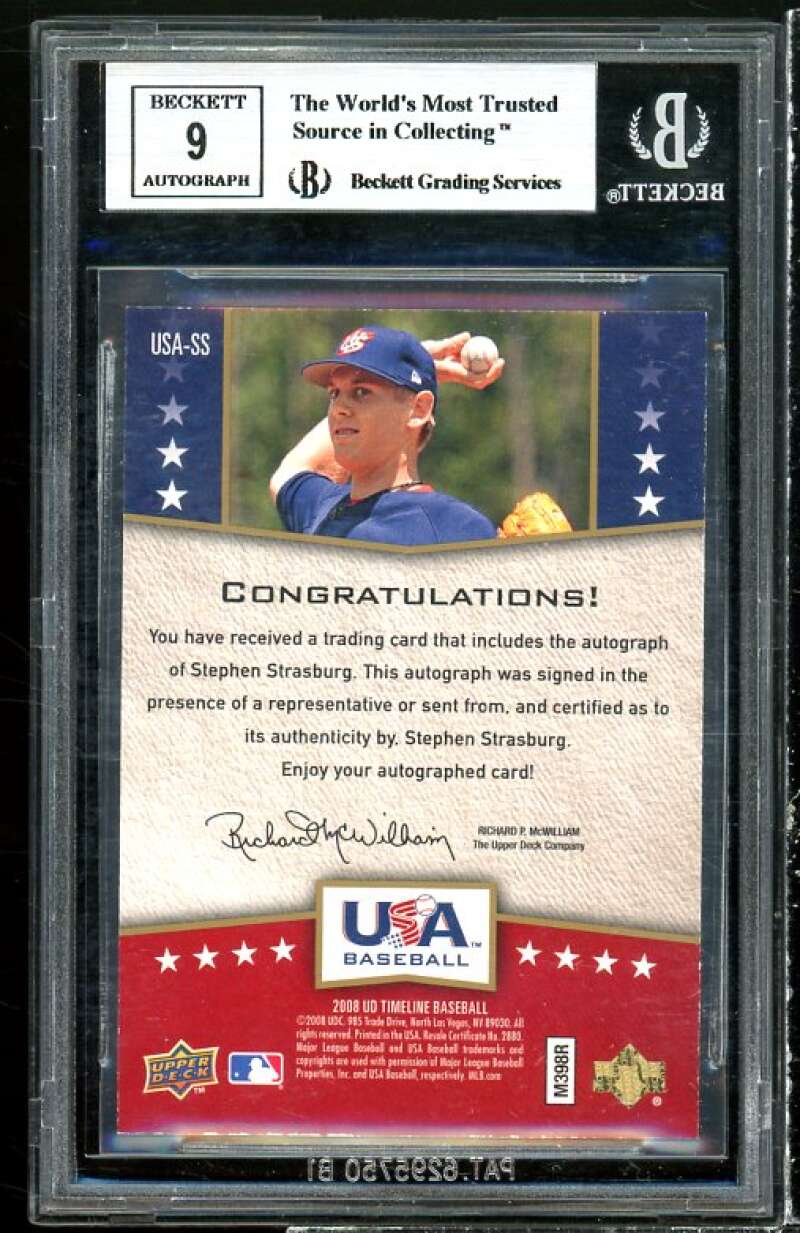 Stephen Strasburg Rookie Card 2008 UD Timeline Signatures #ss BGS 9 (9 9 9 9.5) Image 2