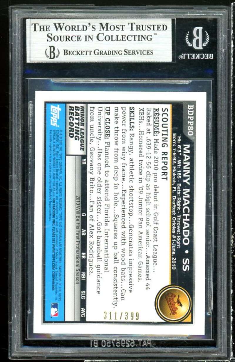 Manny Machado Rookie 2010 Bowman Draft Prospect Blue #BDPP80 BGS 9 (9 9 9.5 9.5) Image 2