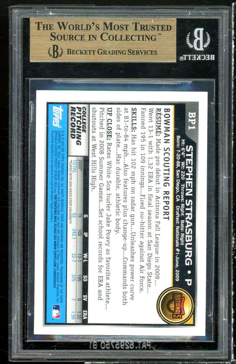 Stephen Strasburg Rookie Card 2010 Bowman Prospects #BP1 BGS 9.5 (9 9.5 9.5 10) Image 2