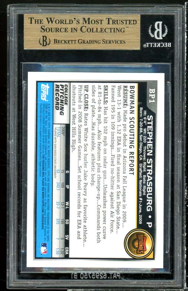 Stephen Strasburg Rookie Card 2010 Bowman Prospects #BP1 (PRISTINE) BGS 10 Image 2