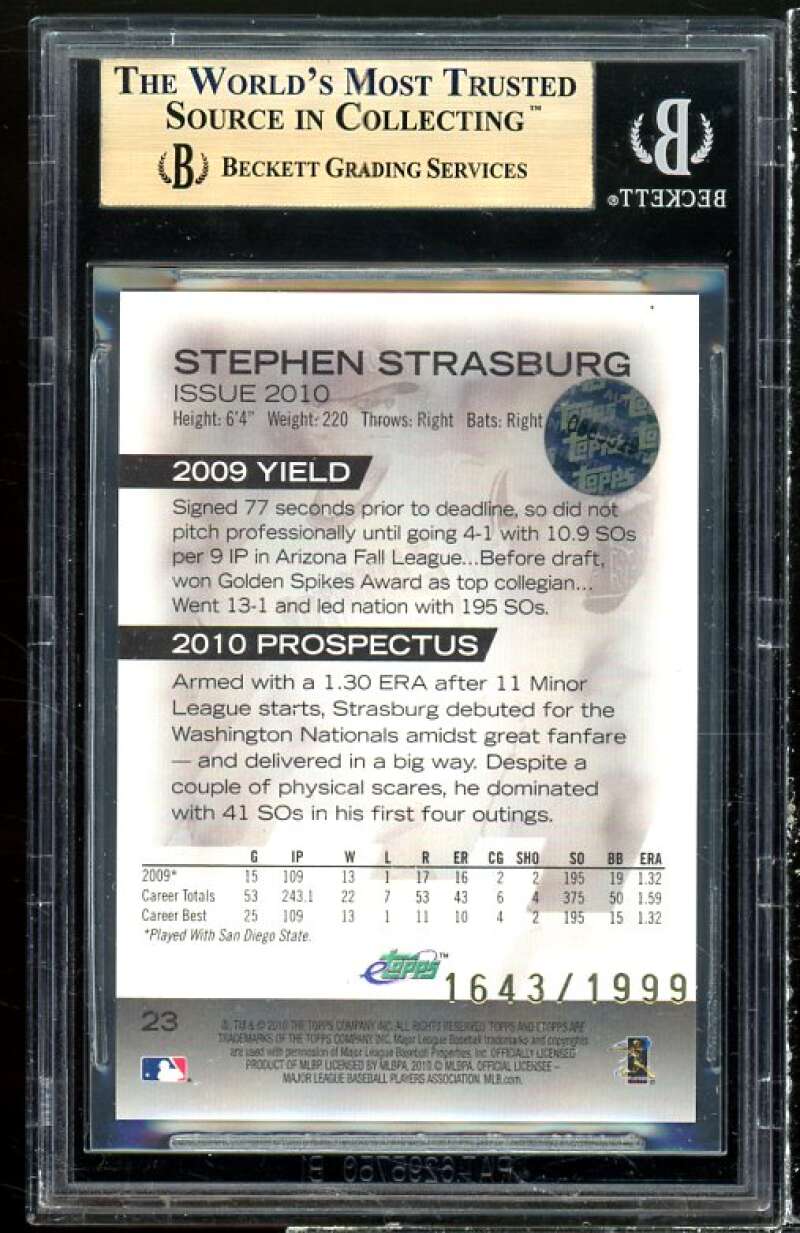 Stephen Strasburg Rookie Card 2010 E-Topps #23 BGS 9.5 Image 2