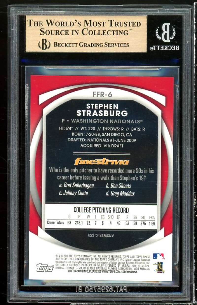 Stephen Strasburg Rookie Card 2010 Finest Redemption #6 BGS 9.5 (10 9.5 9.5 9.5) Image 2