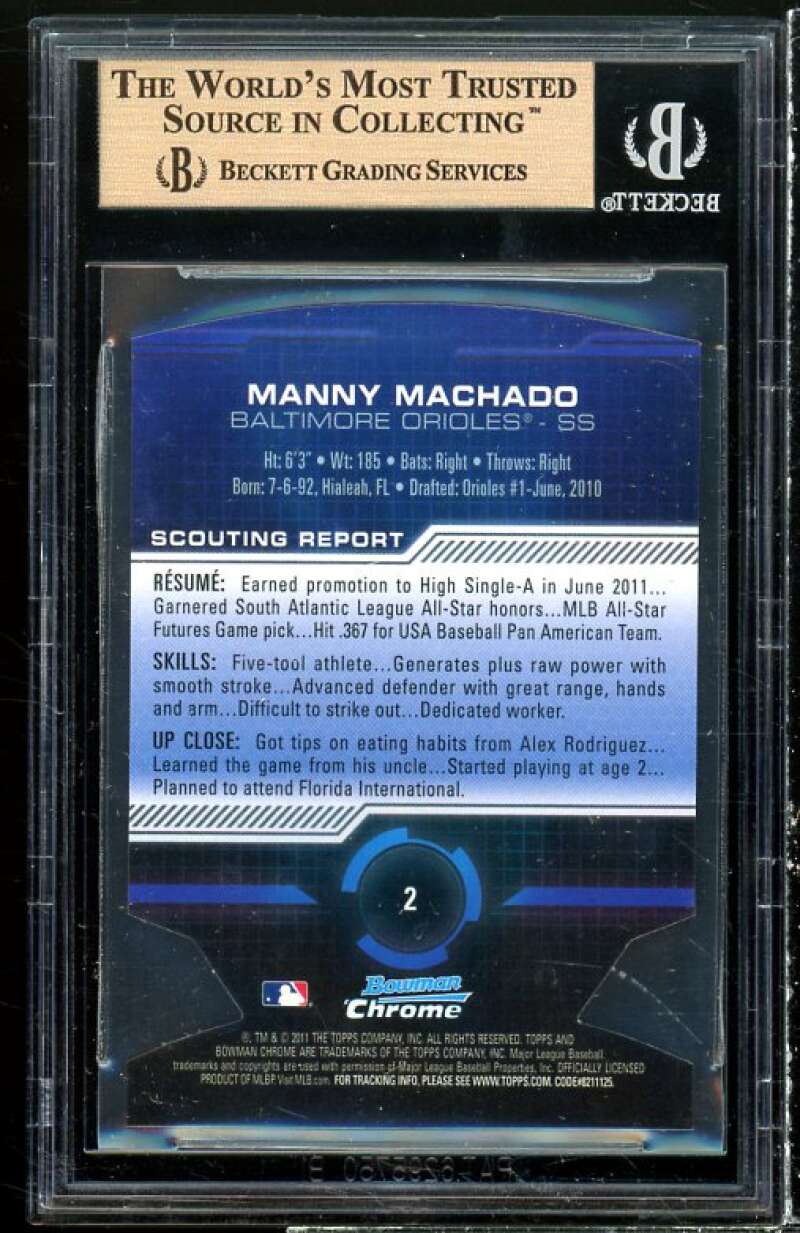 Manny Machado Rookie Card 2011 Bowman Chrome Futures Future-Fractors #2 BGS 9.5 Image 2
