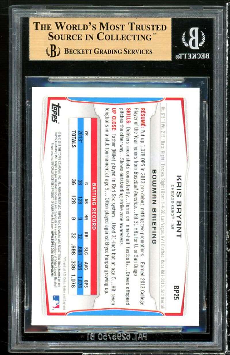 Kris Bryant Rookie Card 2014 Bowman Prospects #BP25 BGS 9.5 (9.5 9.5 9.5 9.5) Image 2