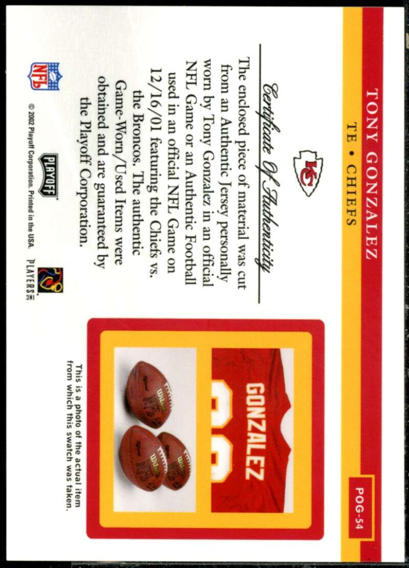 Tony Gonzalez JSY Card 2002 Playoff Piece of the Game Materials #54J  Image 2