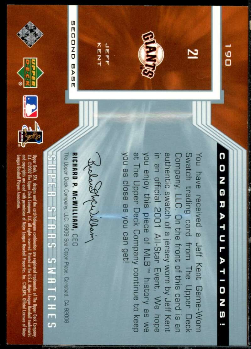 Jeff Kent JSY Card 2002 SP #190  Image 2
