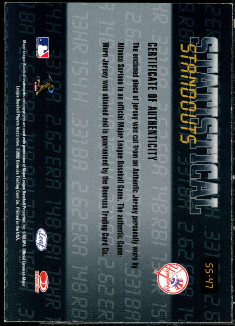 Alfonso Soriano 2002 Leaf Rookies and Stars Statistical Standouts Materials #47  Image 2