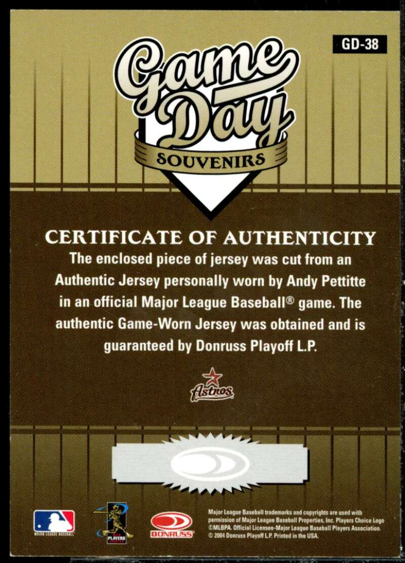 Andy Pettitte Jsy Card 2004 Studio Game Day Souvenirs #38  Image 2