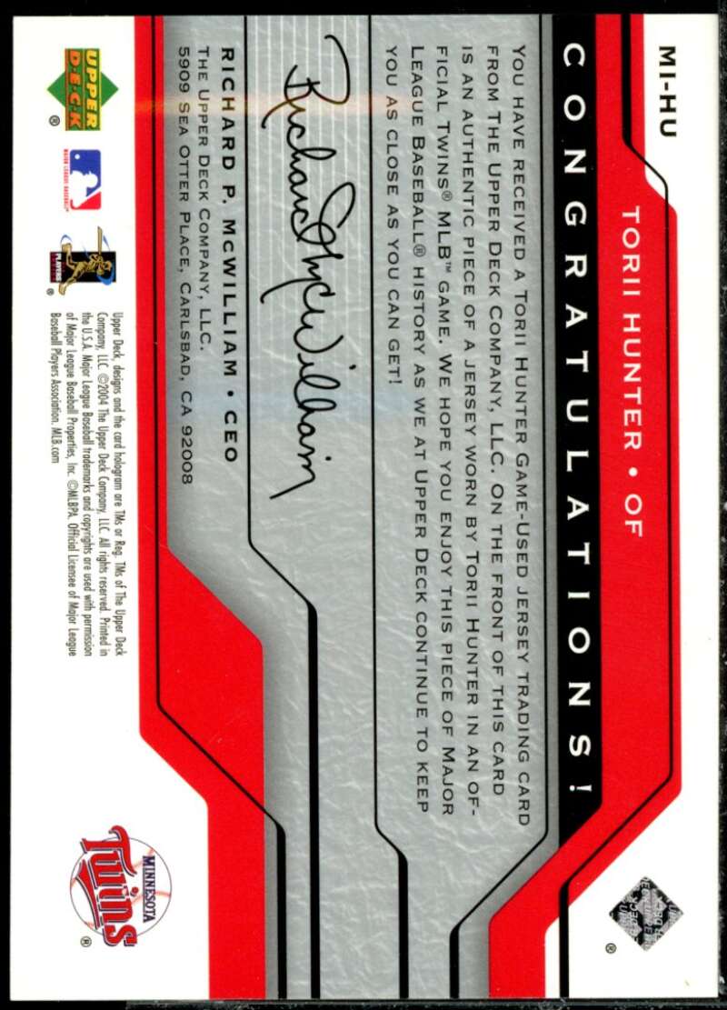 Torii Hunter Card 2005 Upper Deck Matinee Idols Jersey #HU  Image 2