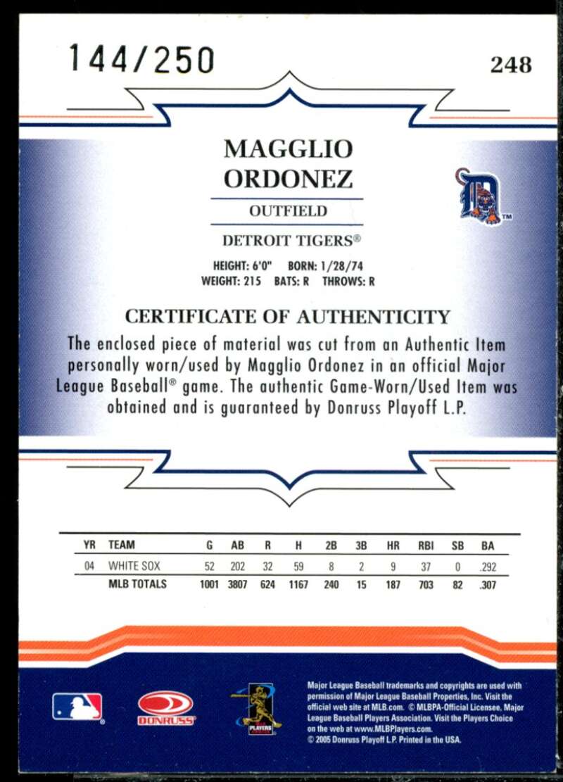 Magglio Ordonez Card 2005 Throwback Threads Material Bat #248  Image 2