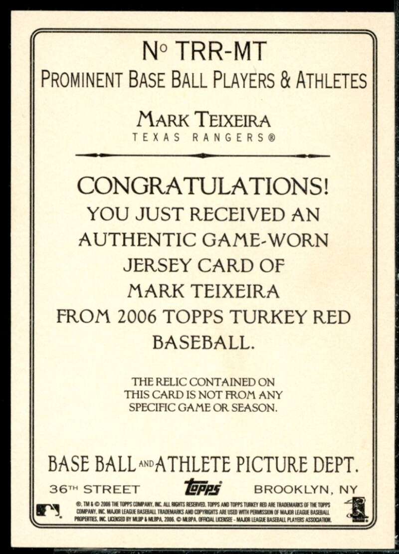 Mark Teixeira Jsy Card 2006 Topps Turkey Red Relics #MT  Image 2