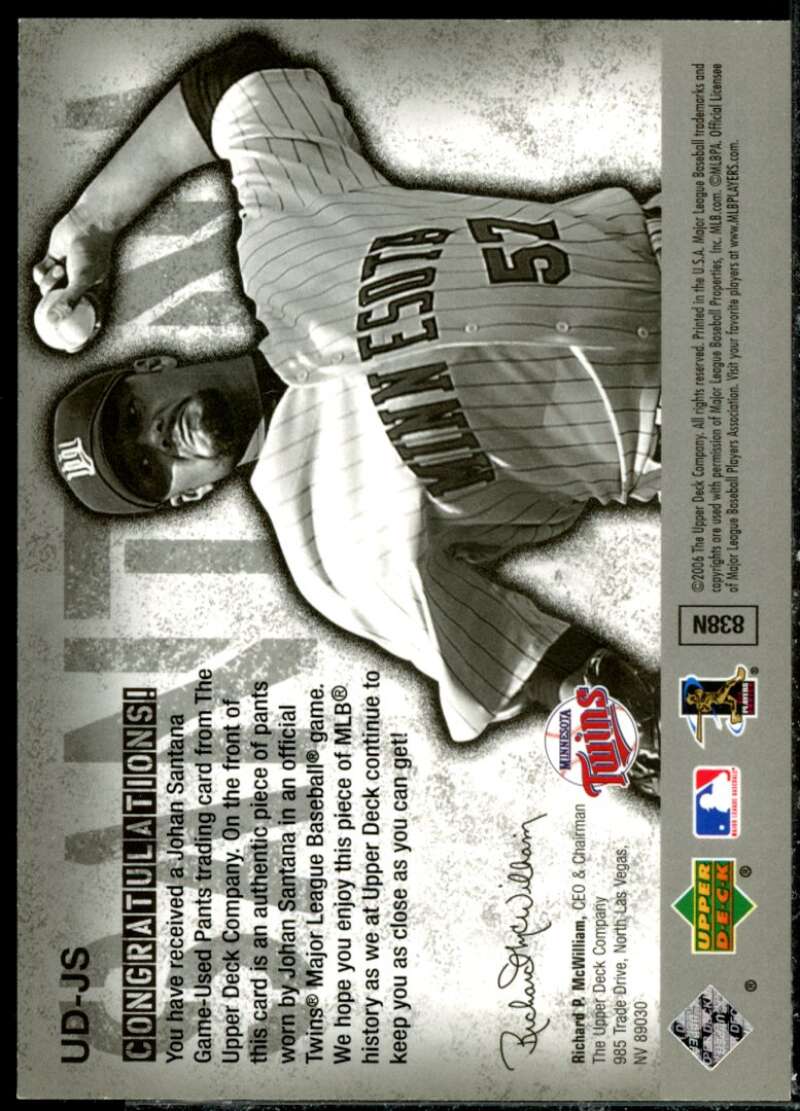 Johan Santana Pants Card 2006 Upper Deck UD Game Materials #JS  Image 2