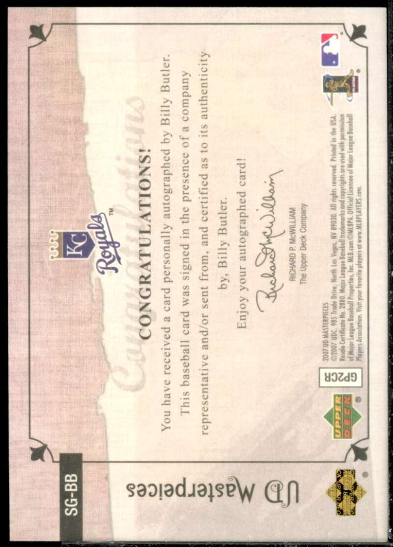 Billy Butler Rookie Card 2007 UD Masterpieces Stroke of Genius Signatures #BB  Image 2