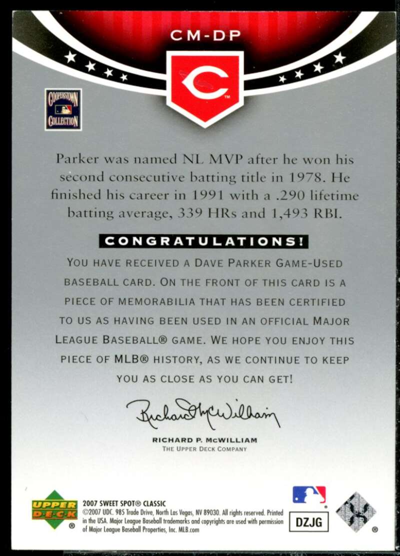 Dave Parker Reds Card 2007 Sweet Spot Classic Classic Memorabilia #CMDP  Image 2