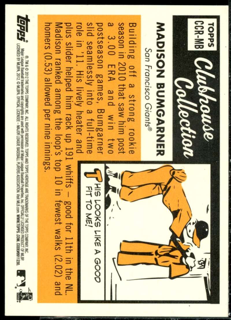 Madison Bumgarner Card 2012 Topps Heritage Clubhouse Collection Relics #MB  Image 2