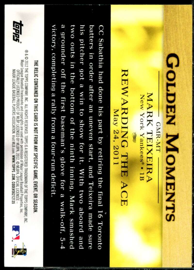 Mark Teixeira Card 2012 Topps Golden Moments Relics #MT  Image 2