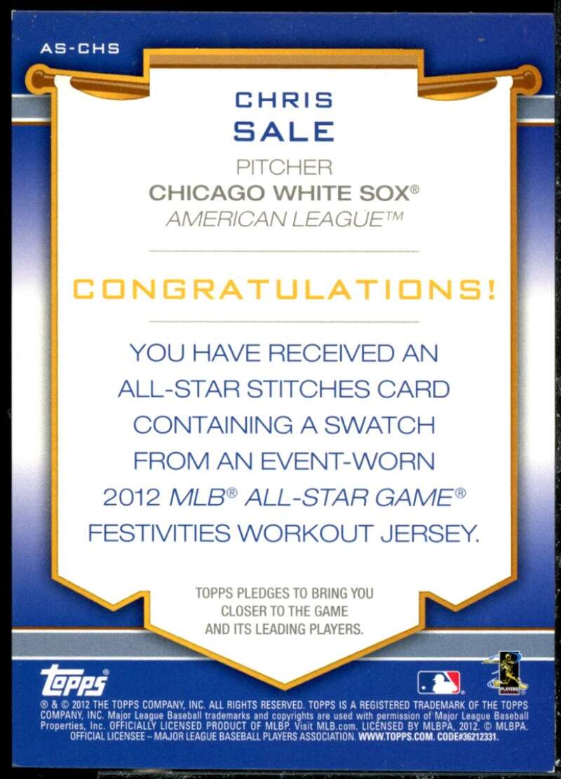 Chris Sale Card 2012 Topps Update All-Star Stitches #CHS  Image 2