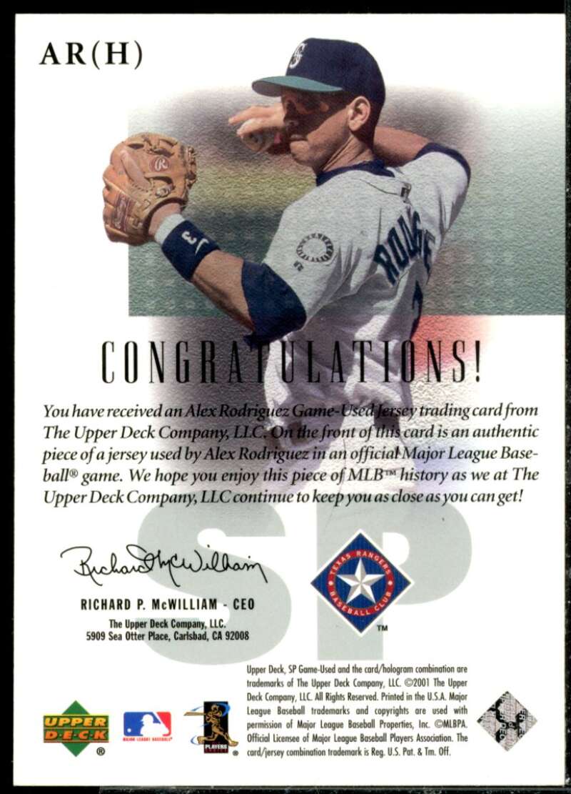 Alex Rodriguez Rangers Card 2001 SP Game Used Edition Authentic Fabric #ARH  Image 2