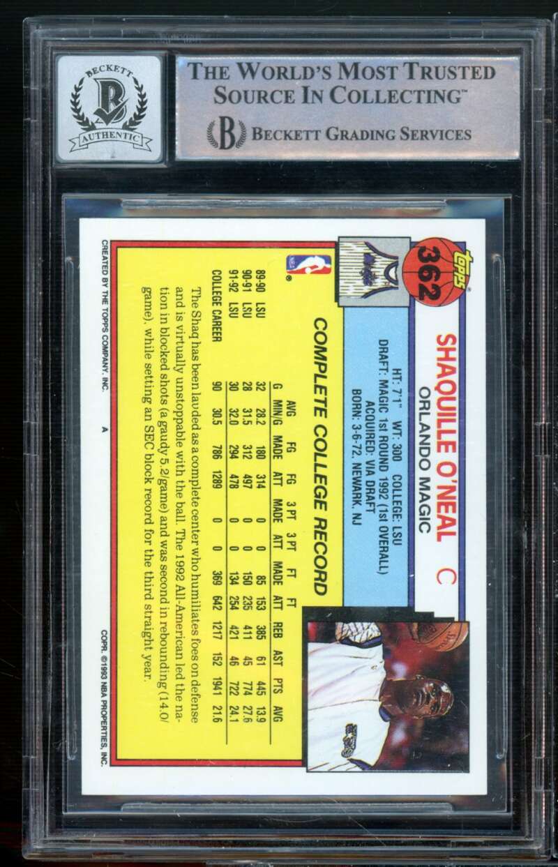 Shaquille O'Neal Rookie Card 1992-93 Topps #362 BGS 10 Autograph Image 2