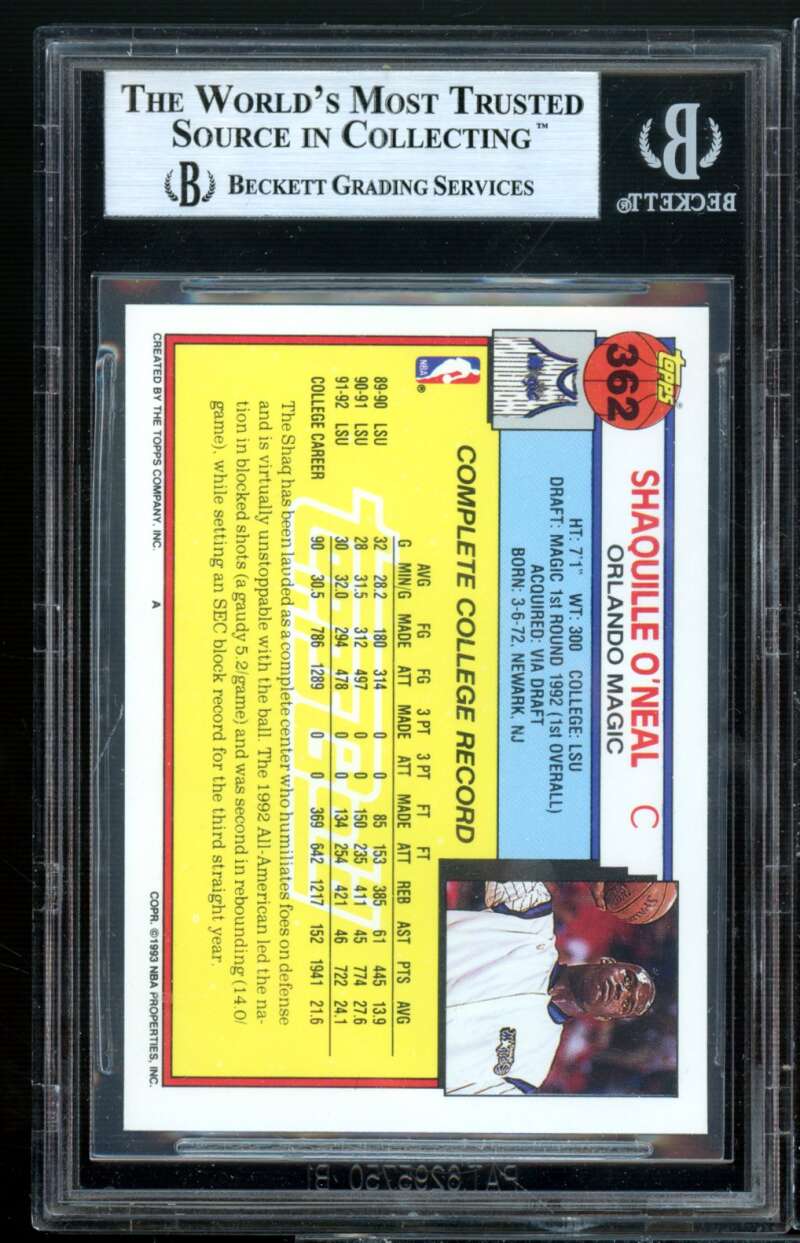 Shaquille O'Neal Rookie Card 1992-93 Topps Gold #362 BGS 9 Image 2