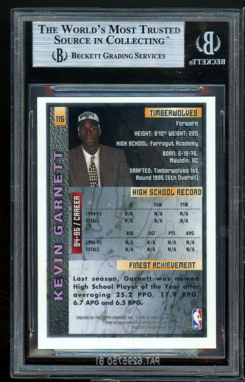 Kevin Garnett Rookie Card 1995-96 Finest w/Coating #115 BGS 9 (9 9.5 9 8.5) Image 2