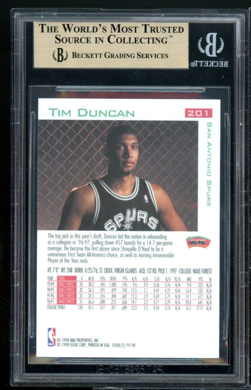Tim Duncan Rookie Card 1997-98 Fleer #201 (PRISTINE) BGS 10 Image 2