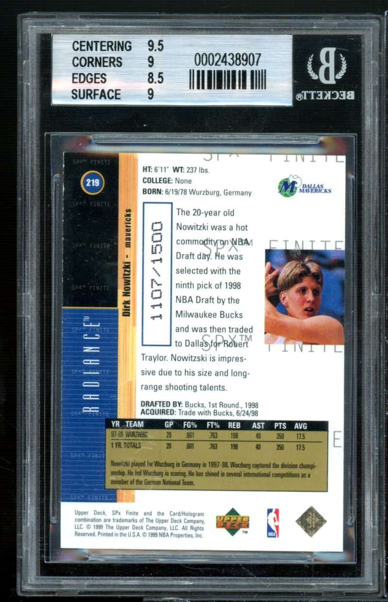 Dirk Nowitzki Rookie Card 1998-99 SPX Finite Radiance #219 BGS 9 (9.5 9 8.5 9) Image 2