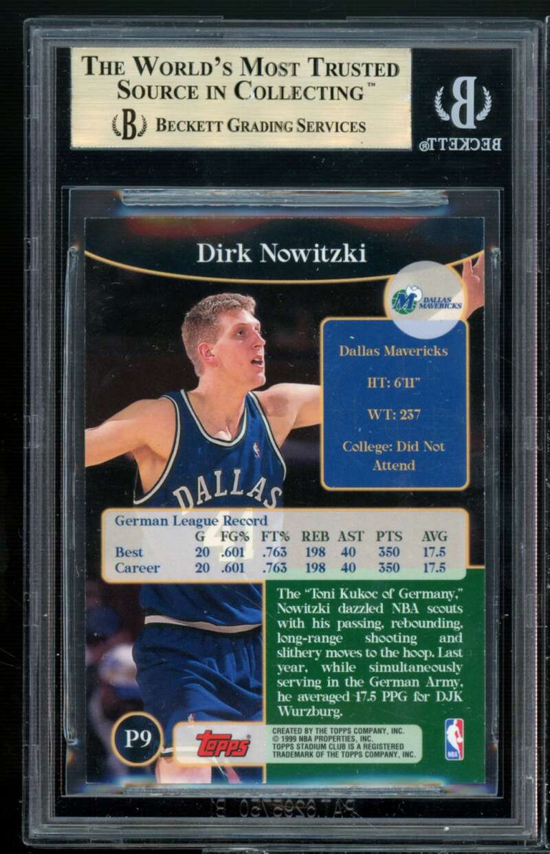 Dirk Nowitzki Card 1998-99 Stadium Club Prime Rookies #p9 BGS 9.5 (10 9.5 9 9.5) Image 2