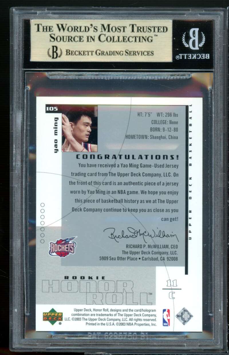 Yao Ming Rookie Card 2002-03 UD Honor Roll Jersey #105 (pop 1) BGS 9.5 Image 2