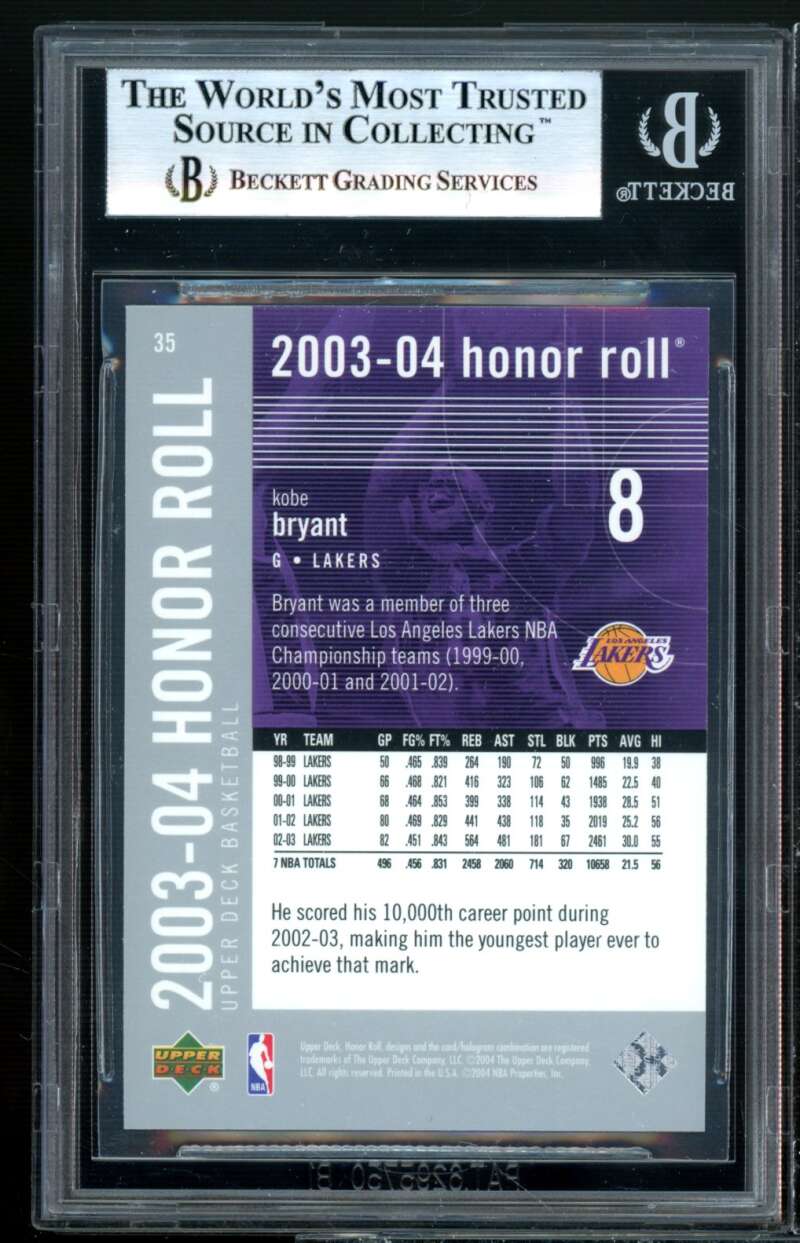 Kobe Bryant Card 2003-04 UD Honor Roll #35 BGS 9 (9 9 9.5 9) Image 2
