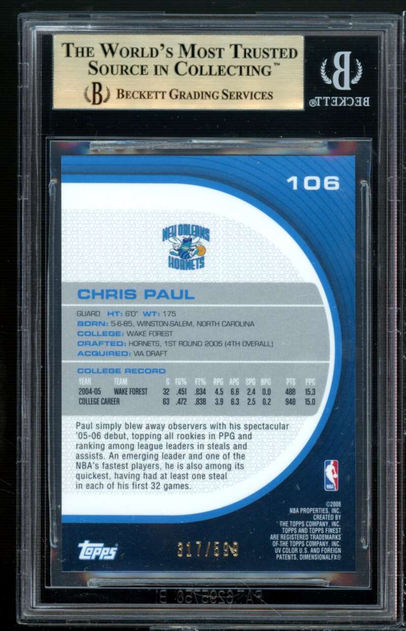 Chris Paul Rookie Card 2005-06 Finest #106 BGS 9.5 (9.5 9.5 9.5 9.5) Image 2