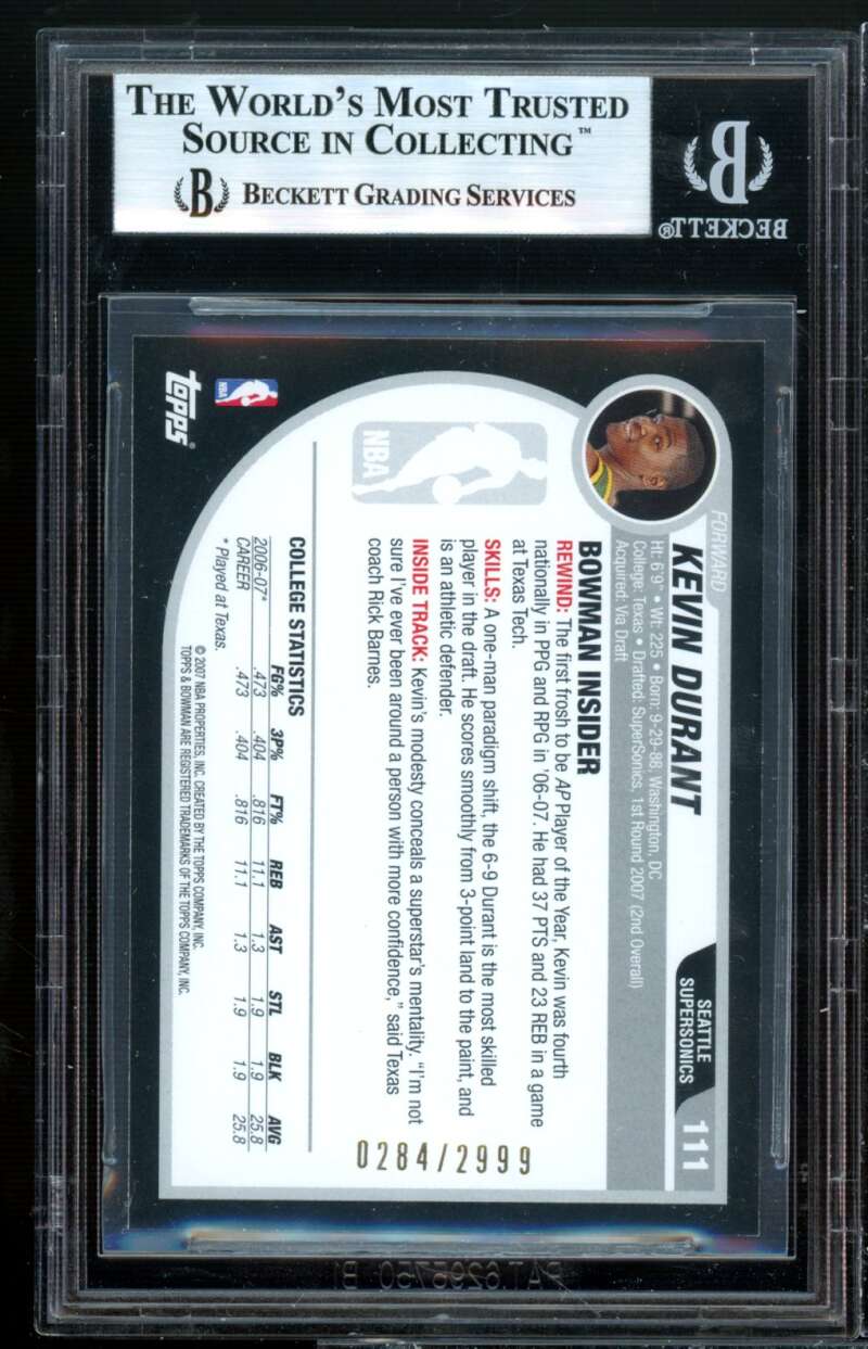 Kevin Durant Rookie Card 2007-08 Bowman #111 BGS 9 (10 9 9 9.5) Image 2