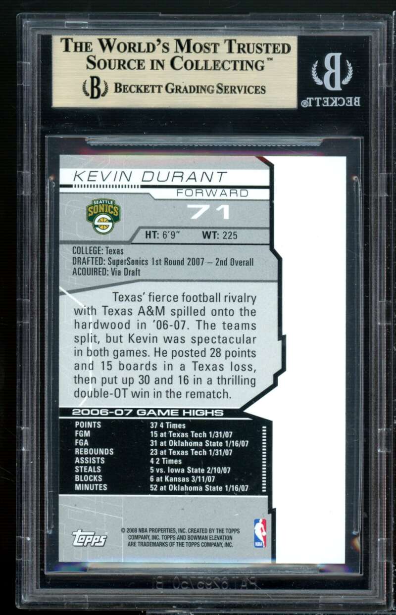 Kevin Durant Rookie Card 2007-08 Bowman Elevation #71 (pop 1) (PRISTINE) BGS 10 Image 2