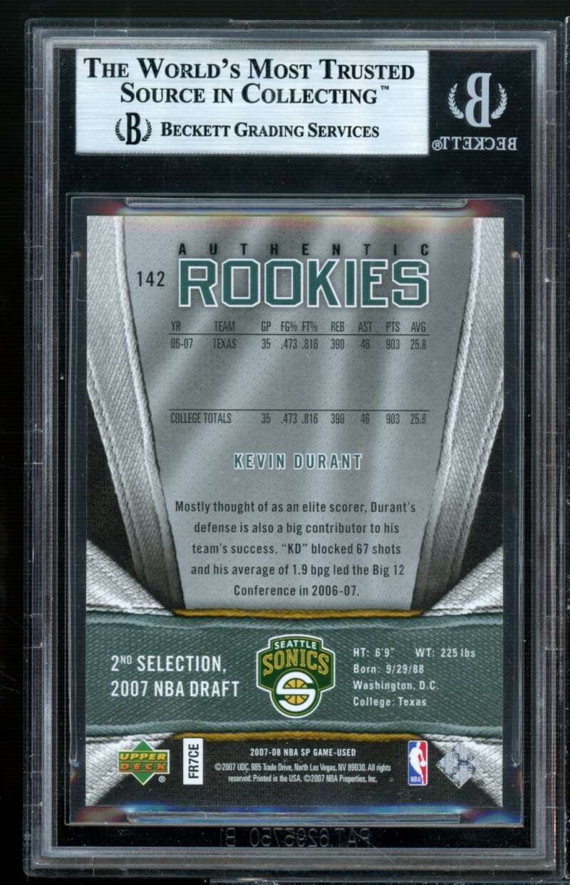 Kevin Durant Rookie Card 2007-08 SP Game Used #142 BGS 9 (9 9 9 8.5) Image 2