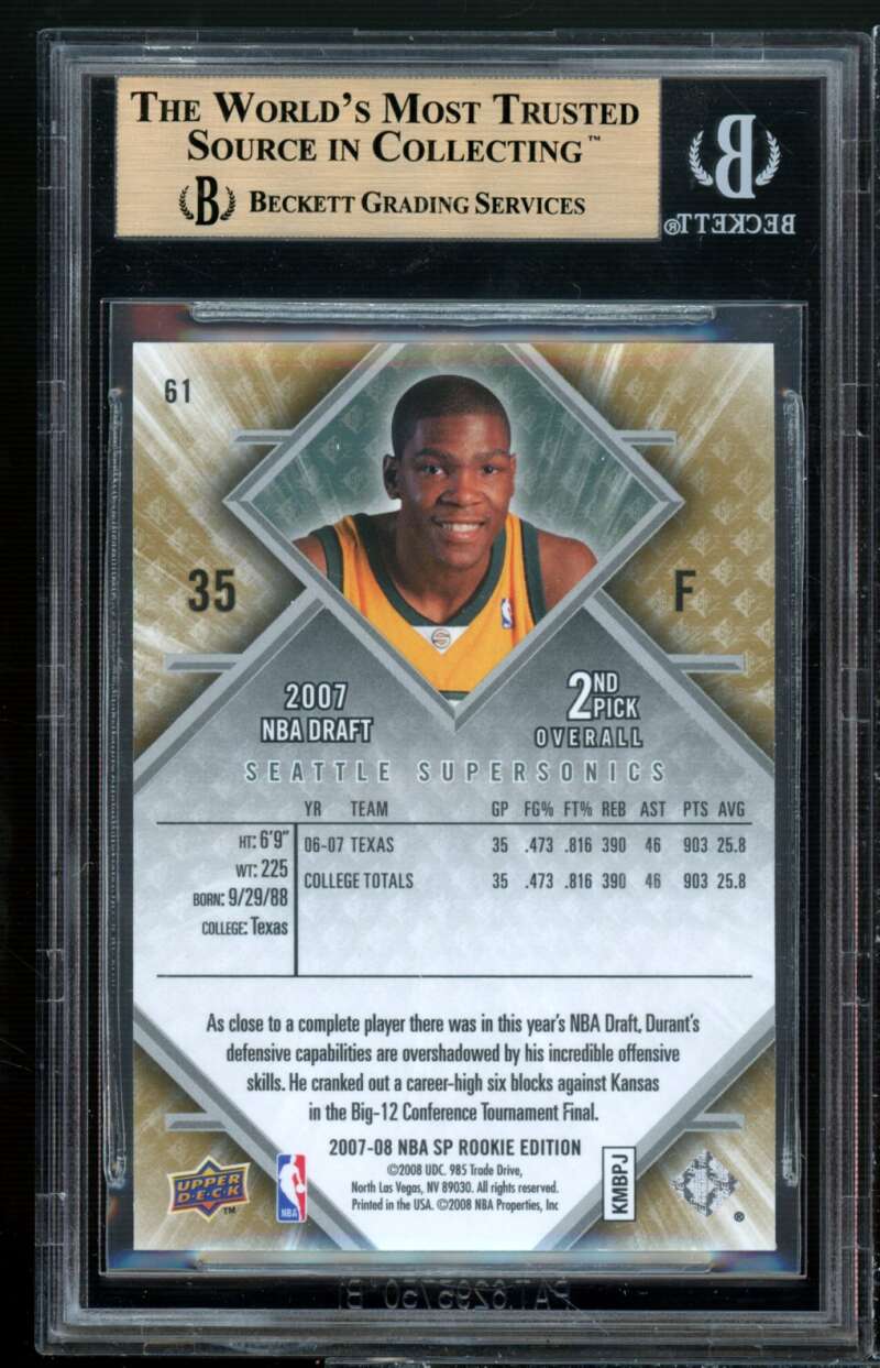 Kevin Durant Rookie Card 2007-08 SP Rookie Edition #61 BGS 9.5 (9.5 9.5 9.5 10) Image 2