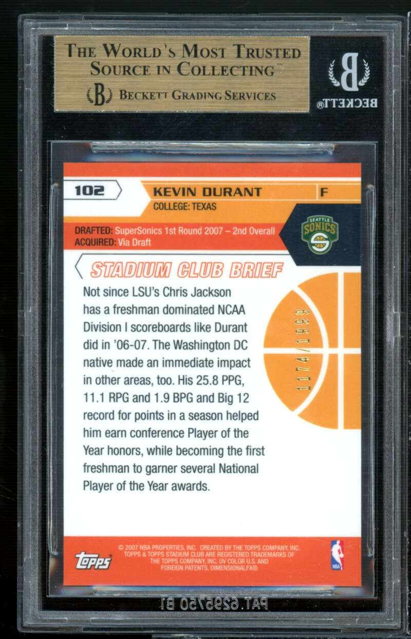 Kevin Durant Rookie Card 2007-08 Stadium Club #102 BGS 9.5 (9.5 9.5 9.5 9) Image 2