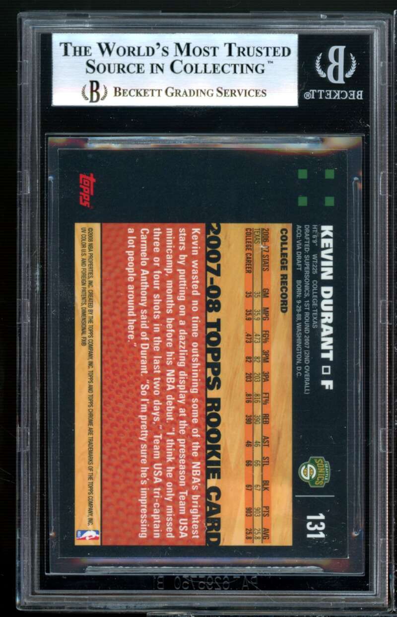 Kevin Durant Rookie Card 2007-08 Topps Chrome #131 BGS 8.5 (8.5 8.5 9 8.5) Image 2