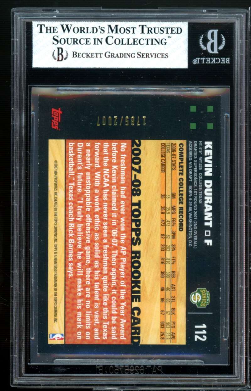 Kevin Durant Rookie Card 2007-08 Topps Gold #112 BGS 8 (9.5 8 7.5 9.5) Image 2