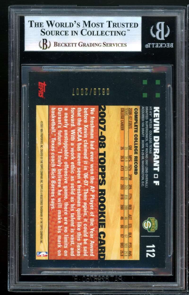 Kevin Durant Rookie Card 2007-08 Topps Gold #112 BGS 8.5 (9.5 8.5 8 9) Image 2
