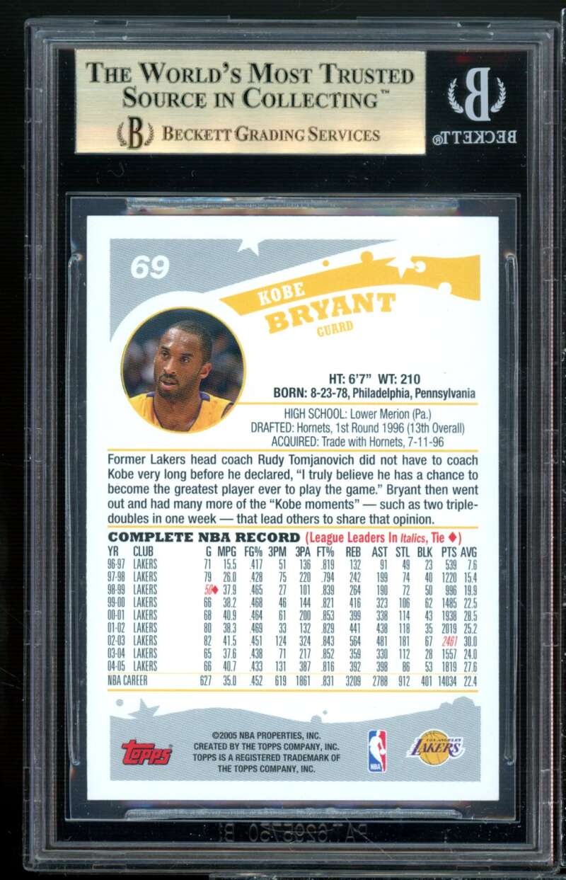 Kobe Bryant Card 2005-06 Topps #69 BGS 9.5 (9.5 9.5 9.5 9.5) Image 2