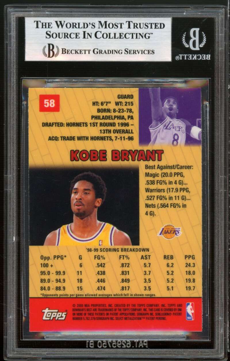 Kobe Bryant Card 1999-00 Bowman's Best #58 BGS 9 (8.5 9 9 9) Image 2