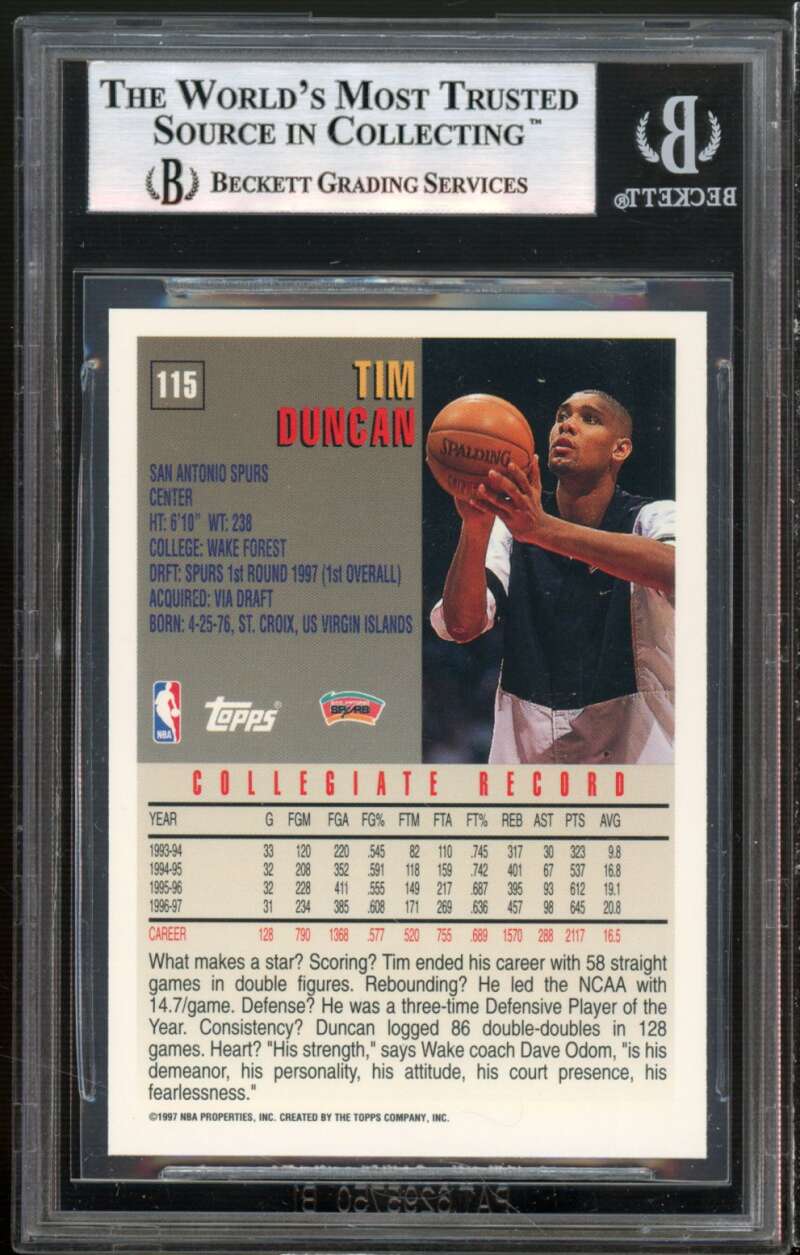 Tim Duncan Rookie Card 1997-98 Topps #115 BGS 9 (10 9 8.5 10) Image 2