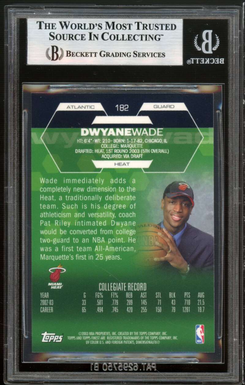 Dwyane Wade Rookie Card 2002-03 Finest #182 BGS 9 (9 9 9.5 9) Image 2