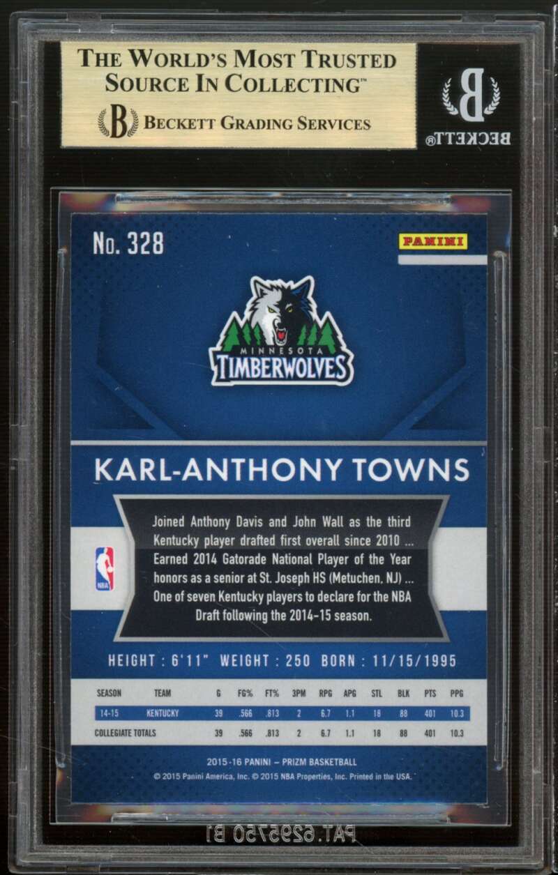 Karl-Anthony Towns Rookie Card 2015-16 Panini Prizm #328 BGS 9.5 (9.5 9.5 9.5 9) Image 2