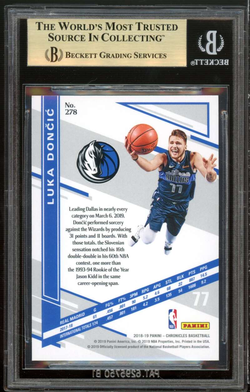 Luka Doncic Rookie Card 2018-19 Panini Chronicles #278 BGS 9.5 (9 9.5 10 9.5) Image 2