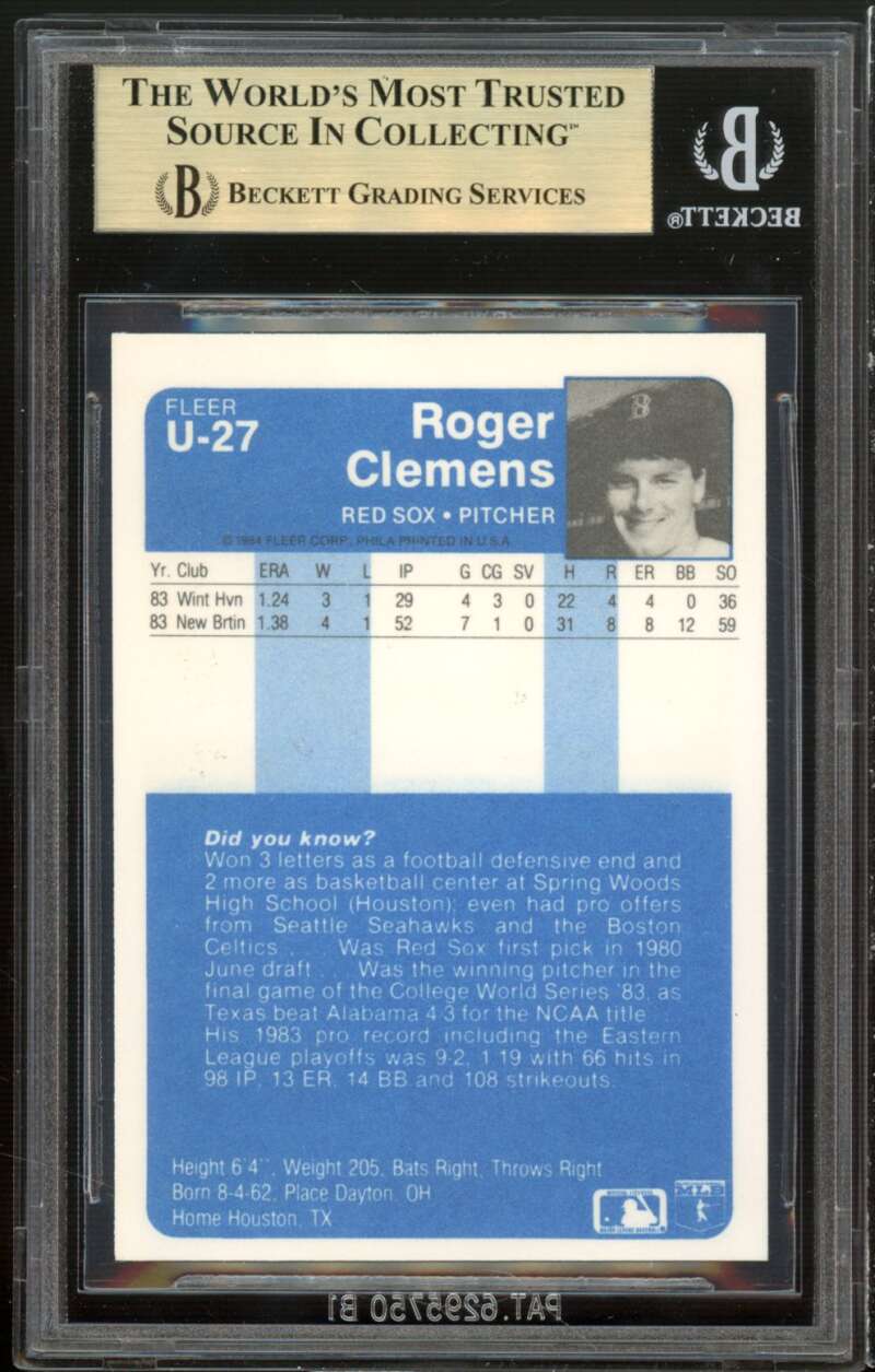 Roger Clemens Rookie Card 1984 Fleer Update #U-27 BGS 9.5 (9 9.5 9.5 9.5) Image 2