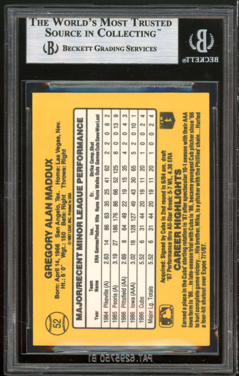Greg Maddux Rookie Card 1987 Donruss The Rookies #52 BGS 9 (9.5 9 9 9) Image 2