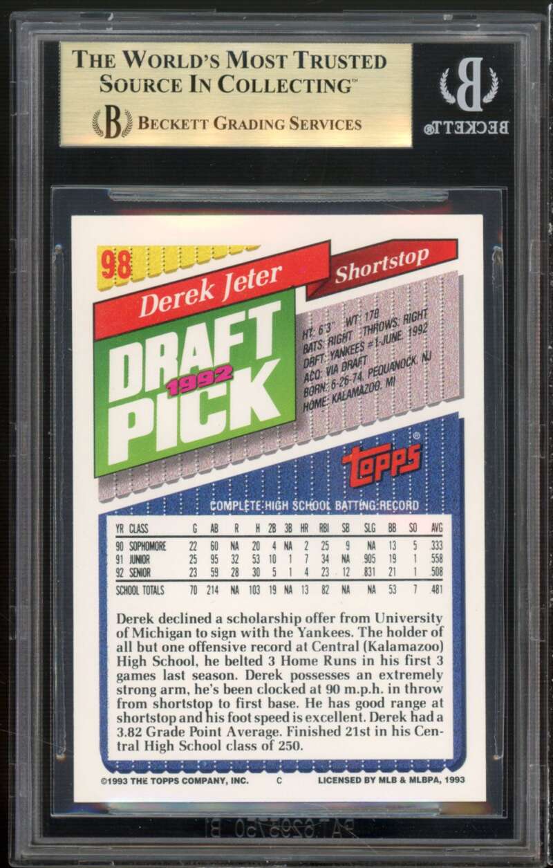 Derek Jeter Rookie Card 1993 Topps #98 BGS 9.5 (9.5 9 9.5 9.5) Image 2