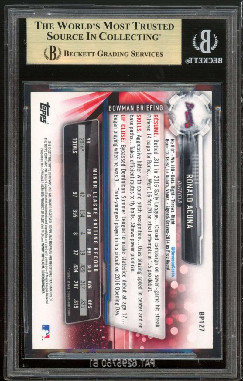 Ronald Acuna Rookie 2017 Bowman Prospects Red #BP127 BGS 9.5 (9.5 9.5 9.5 9.5) Image 2